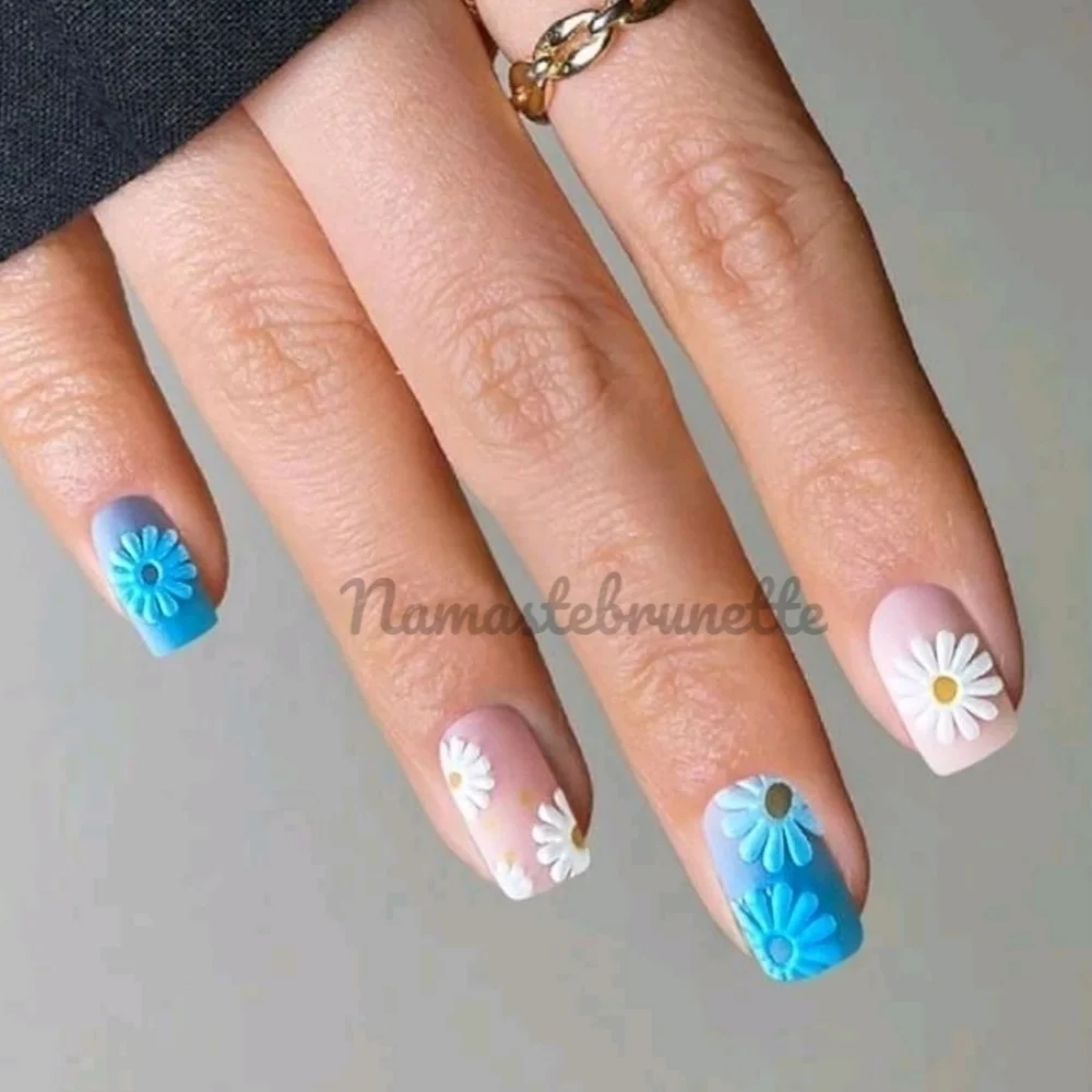 2/$16 Boho Blue Ombe Daisy Press On Nails